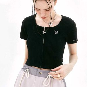 Korean Butterfly Embroidery Black Crop Top