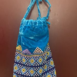 Blue Velvet Bead Embroidered Potli Bag