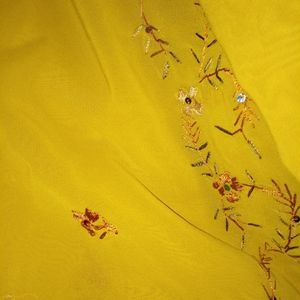 Thread Work Biscuit Yellow Saree