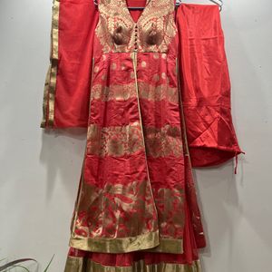 Anarkali Suit Of Pure Banrsi Chanderi With Dupatta, Sleeves And Pajami