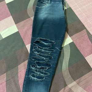 Navy Blue Washed Distressed Pattern Jean For Women