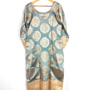 Grey With Gold Floral Print Ethnic Kurta (Women's)