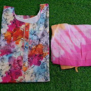 Pink Color Floral Kurti With Dupatta