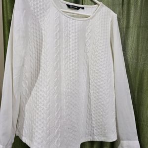 White Colored Woolen Top With Chiffon Sleeve