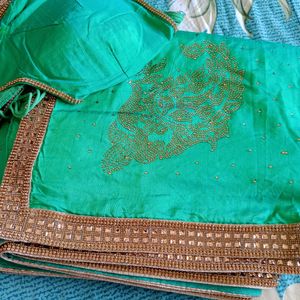 Heavy Stone Work Green Saree