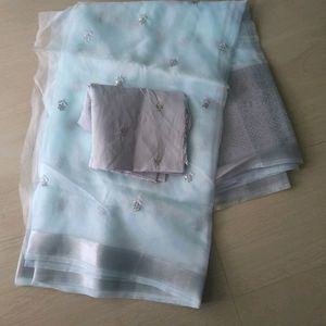 SEA GRAY HEAVY ORGANZA SAREE