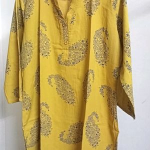 Mustard And Blue Printed Cotton Kurta