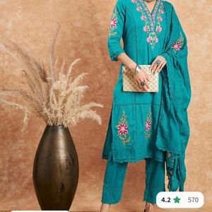 Blue Woven Thread Work Pure Cotton Kurta Set