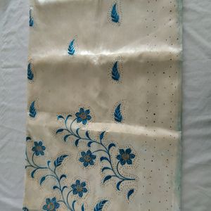 White And Green Embroidered Saree (Women's)