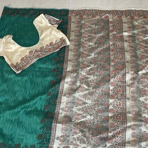 South Silk Saare, Green And Cream Colour Combination