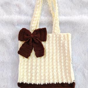 Crochet Brown Bow Popcorn Tote Bag