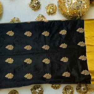 Black Cotton Chanderi Silk Saree