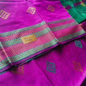 Green and Purple Cotton Silk Saree