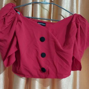 Red V-Neck Puff Sleeves Wrap Crop Top