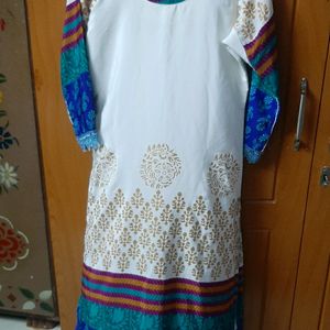 White Blue Golden Kurta Dupatta Pant Set