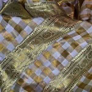 Beautiful Kerala Cotton Gold Cream ZariChecks Sari