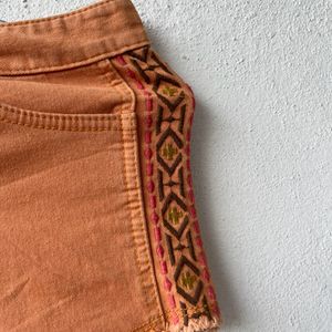 Orange Embroidered Denim Shorts