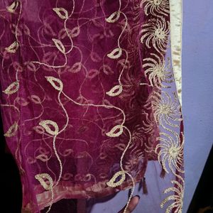 Dark Pink Embroidery Net Dupatta