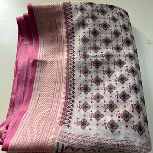 White N Pink Cotton Saree