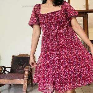 Square Neck  Floral Dress  With Balloon Sleeves