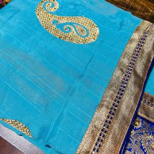 Golden Thread work Turquoise blue color saree