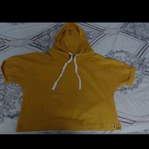 Yellow Solid Knitted Regular Crop Top Has A Hood