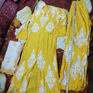 Front Cut Yellow Kurta Palazzo With Dupatta