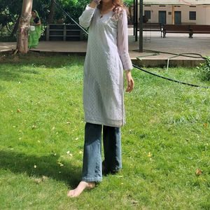 Staright Kurti Light Grey Colour Chikankari Work