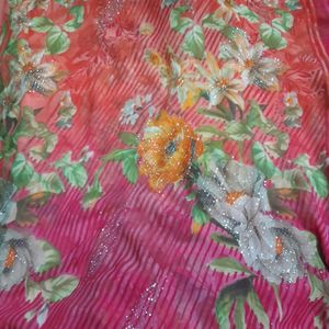 Pink and Orange Stone Work Saree with Blouse