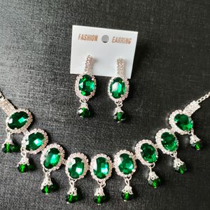 Emerald Crystal Necklace With Earings