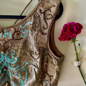 Blue Gold Embroidery Blouse