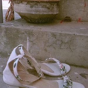 White Floral Block Heel