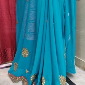 Embroidery Blue Party Wear Saree