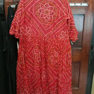 Red Bandhej A- Line Kurti