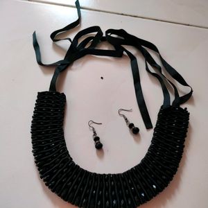 Ribbon Beads Necklace With Earrings