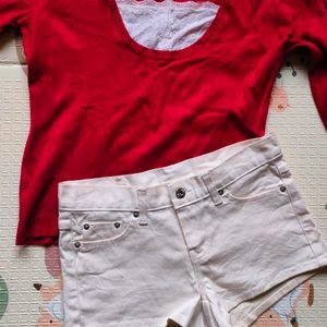 🍒 Red Woolen Top And White Shorts