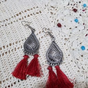 Oxidised Hanging Earings With Red Tassels