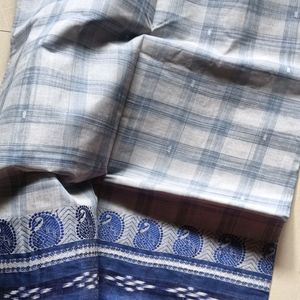 Blue And Light Grey Pure Cotton Saree