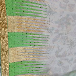 Green, Golden And Cream Saree