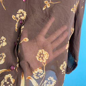 Brown Floral Print Sheer Shirt