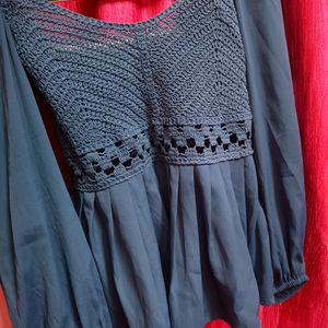 Beautiful New Front Crochet Rusted Blue Top