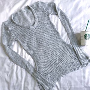 Korean Crochet Silver V Neck Pullover Top