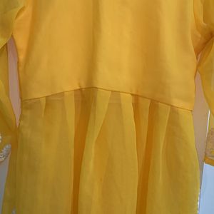 Yellow Kurti with half net and chikankari work