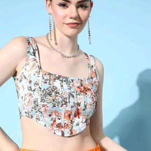 Floral Printed Square Neck Sleeveless Crop Top