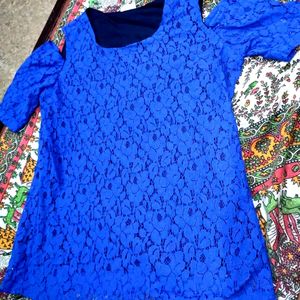 Blue Net Polyster Cold Shoulder Top