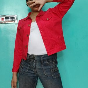 Women Solid Red Denim Jacket L Size