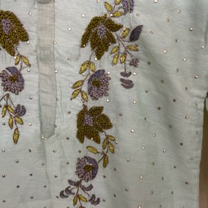 Hand Embroidered Pista Silk Kurta