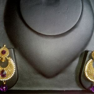 Beautiful Golden And Purple Kundan Stone Chandbali Earring