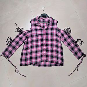 Pink Checked Shirt Style Top