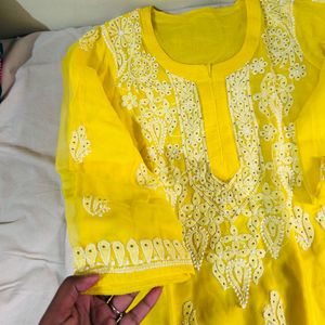 YELLOW CHIKANKARI GEORGETTE KURTI